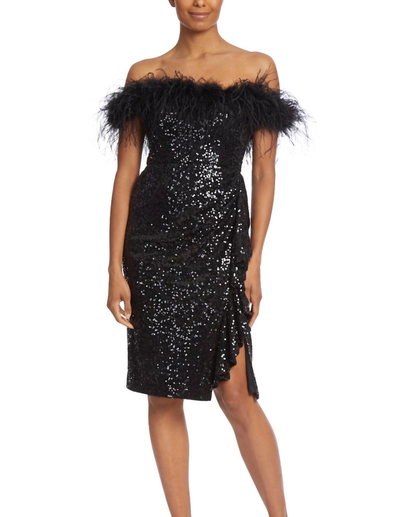 Feather Sequin Strapless Dress In Black | Black