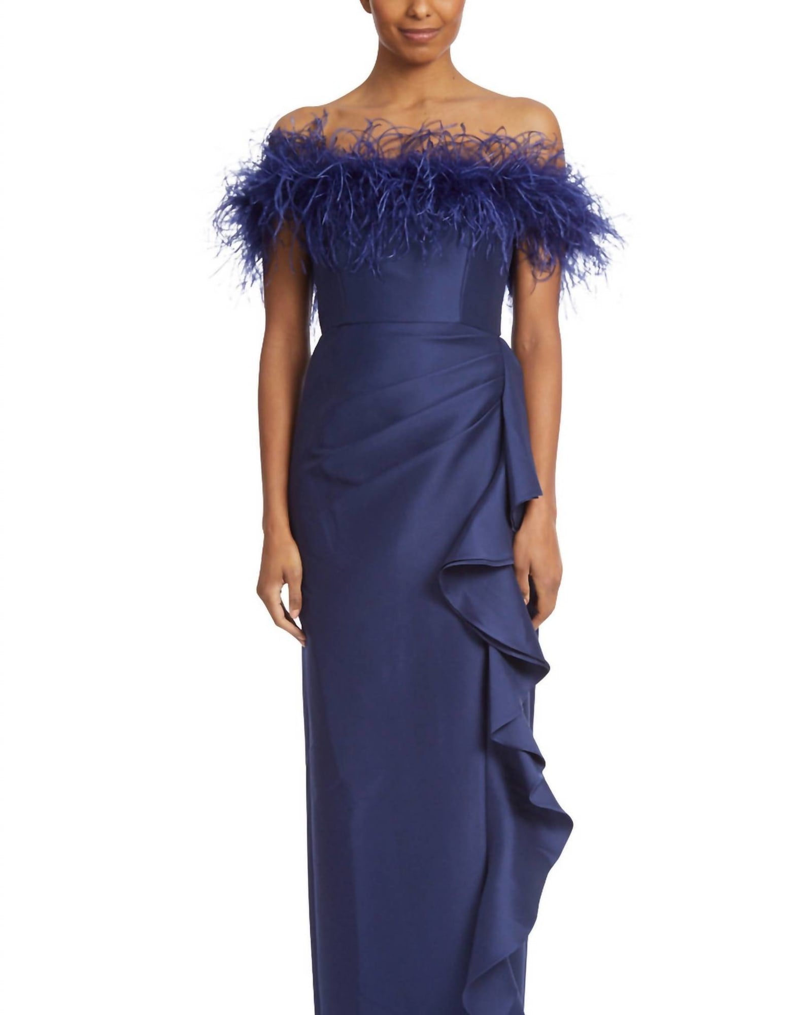 Feather Ruffle Off-Shoulder Gown In Navy | Navy