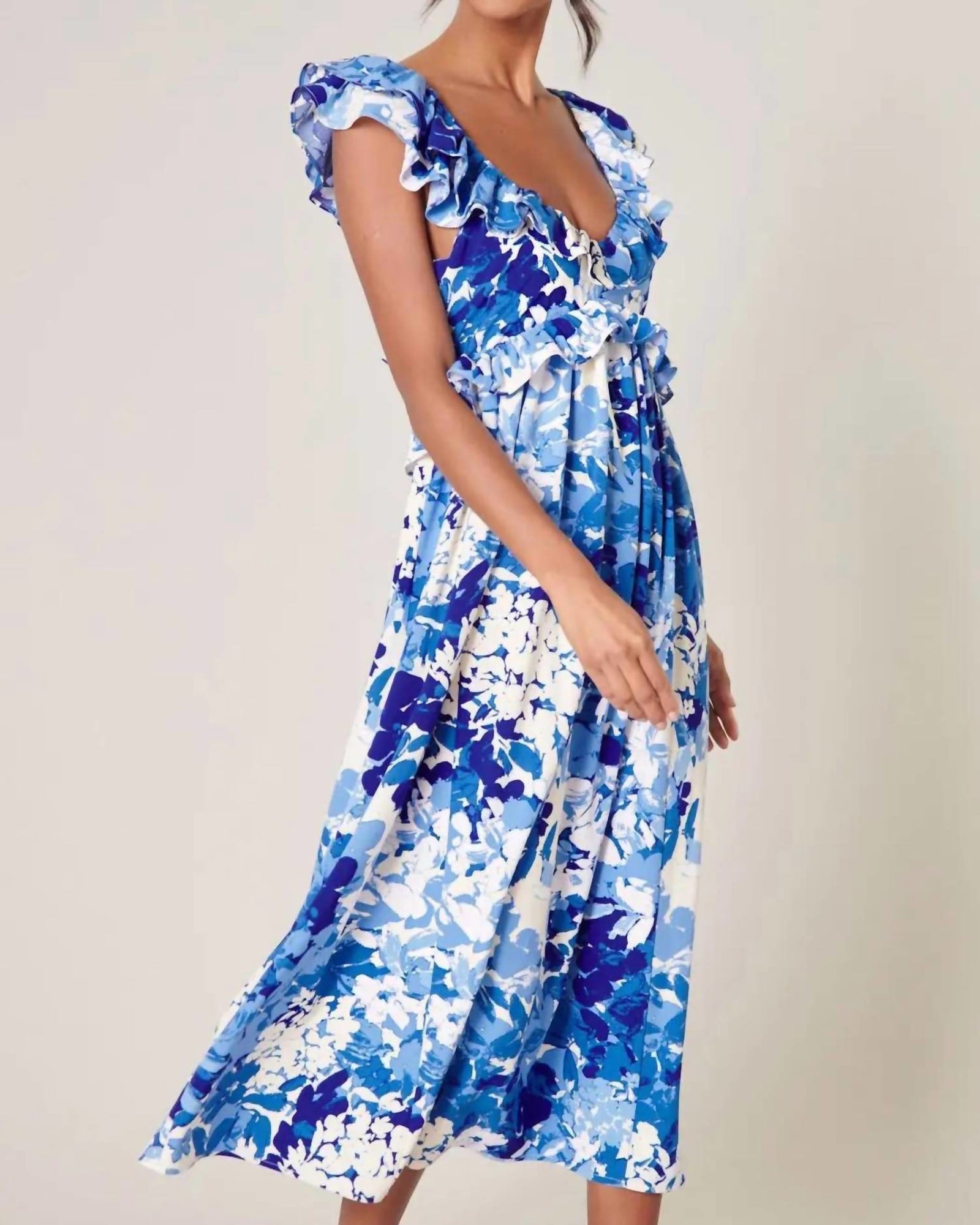 Beauty And Grace Floral Midi Dress In Blue And Ivory | Blue And Ivory