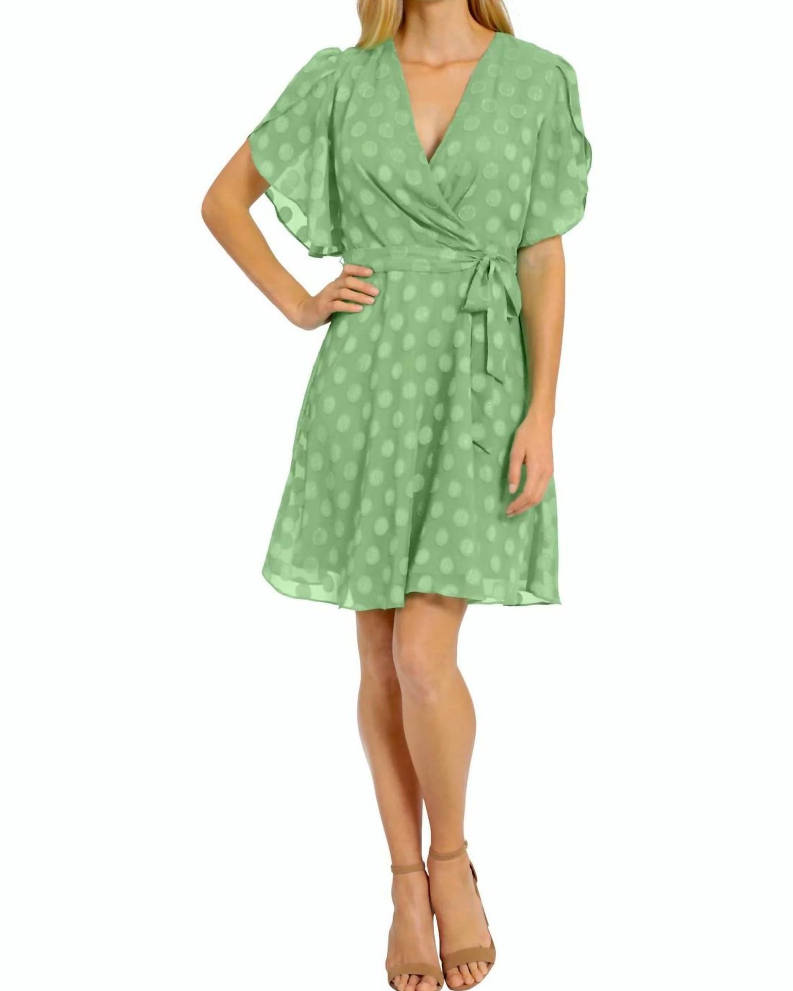 Caillan Pleated Surplice Dress In Absinthe Green Polka Dot | Absinthe Green Polka Dot