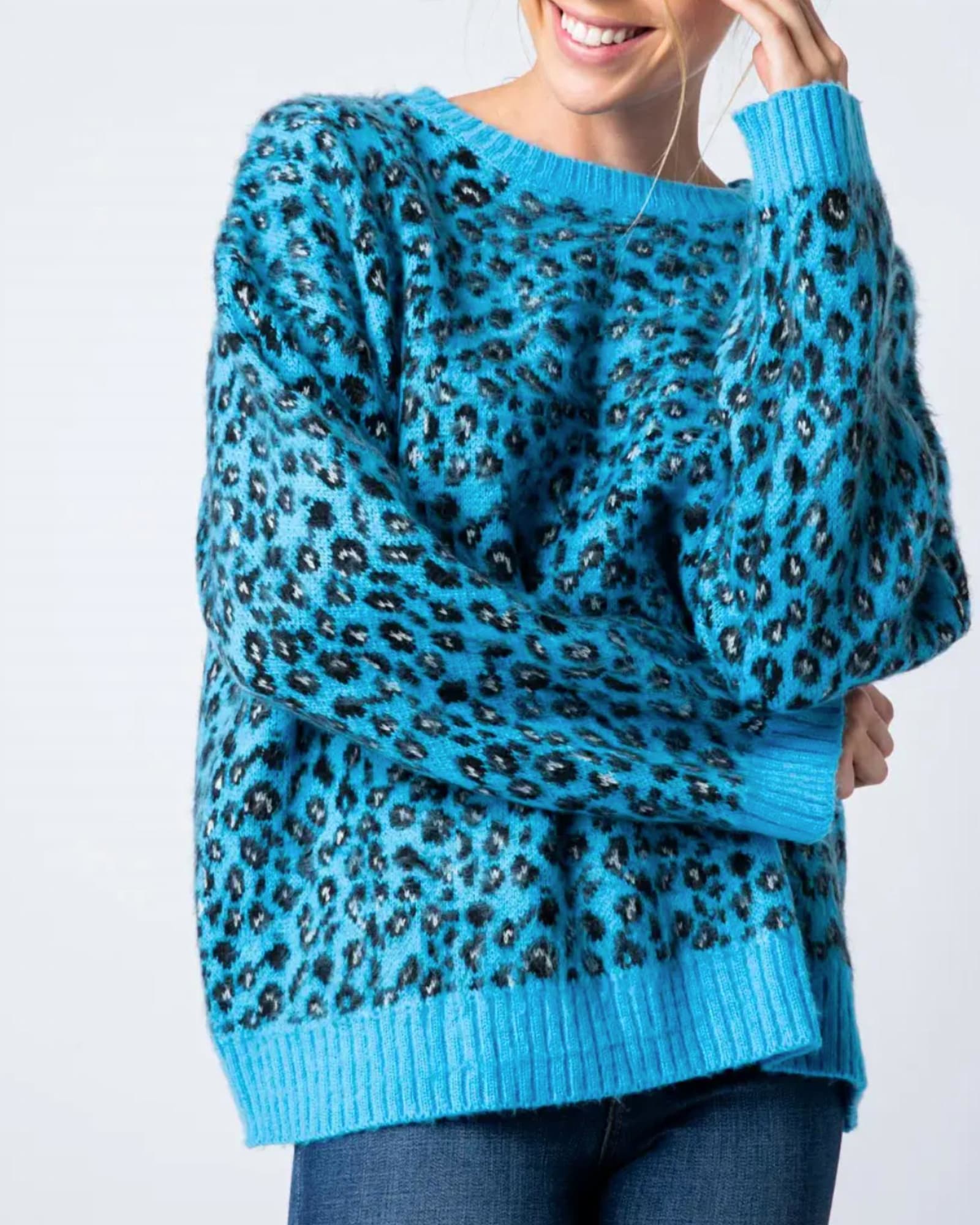 Leopard Mohair Crewneck Sweater in Blue | Blue