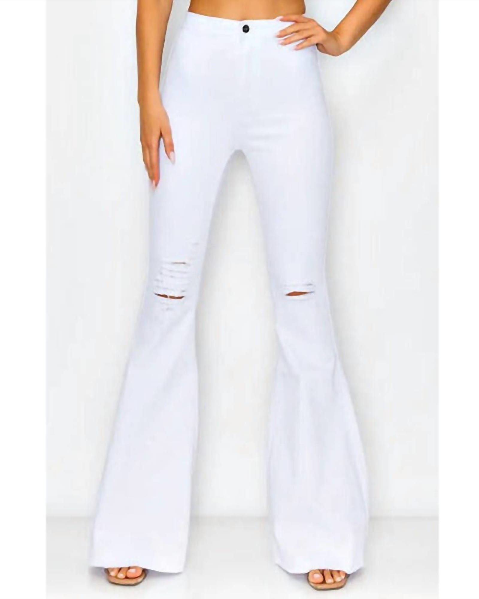 Distressed High Waist Bell Pants in White | White