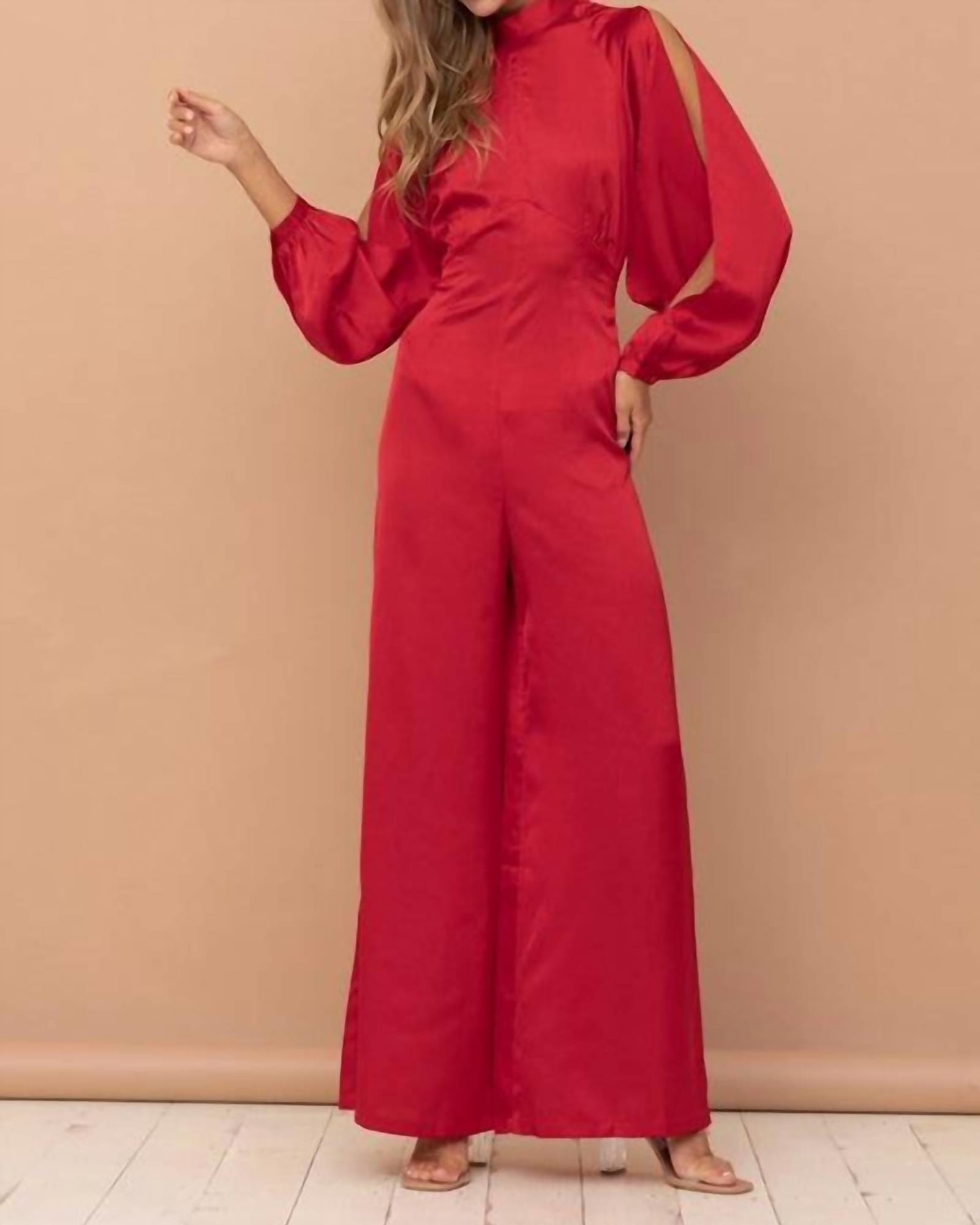 The Mariah Satin Open-Back Jumpsuit in Red | Red