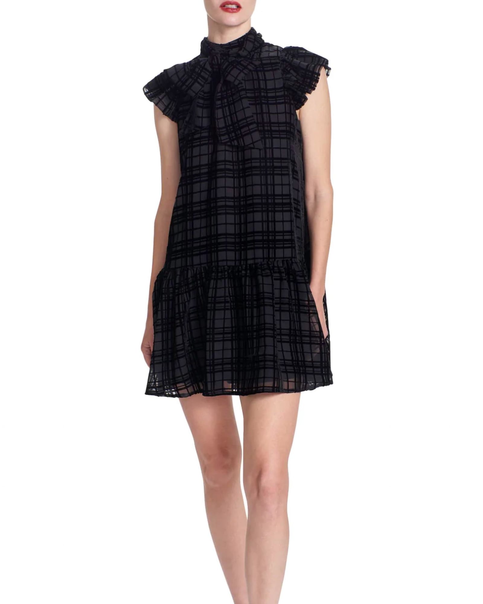 Roanne Mini Dress in Black Plaid Velvet | Black Plaid Velvet
