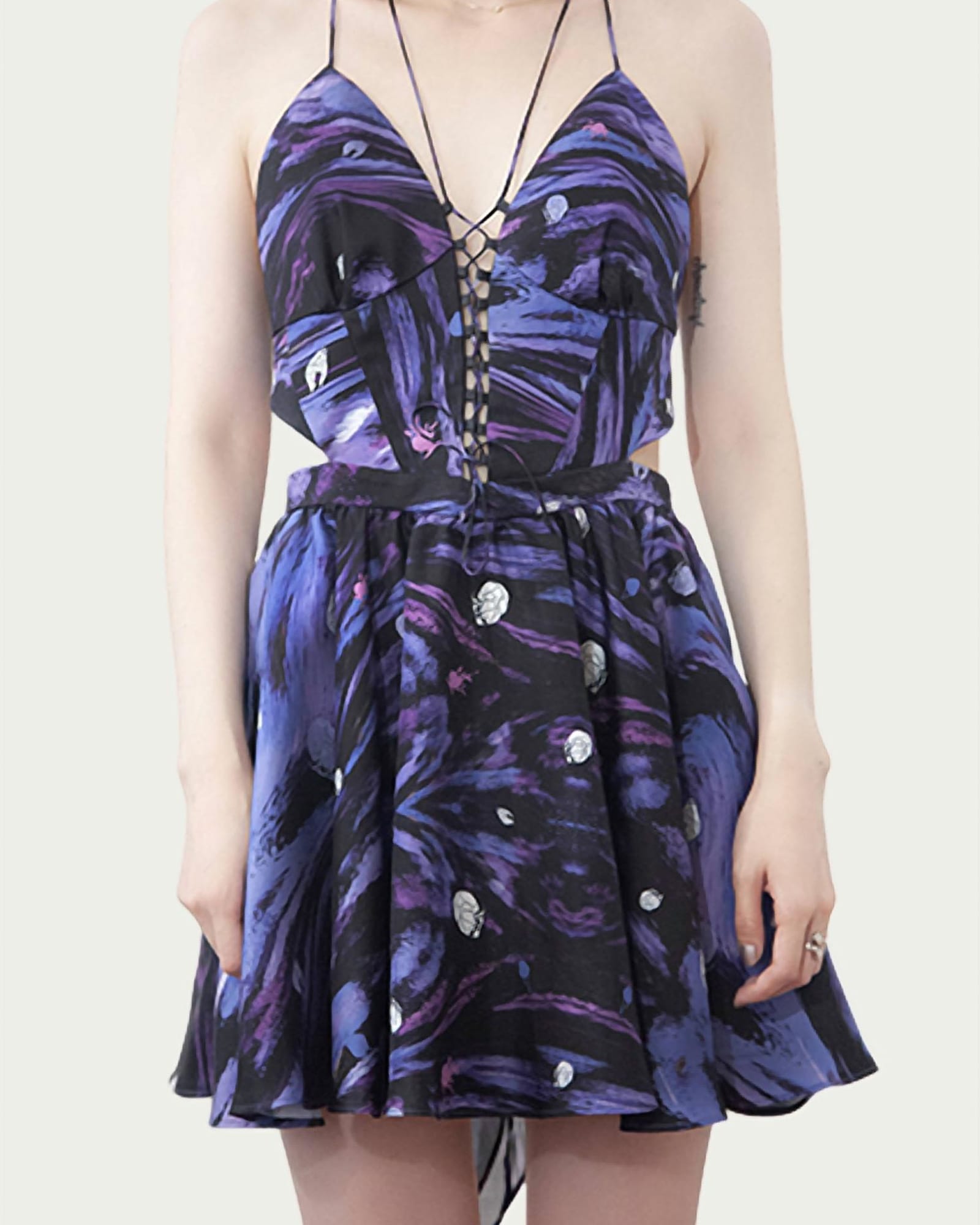 Zeta Lace-Up Cutout Halterneck Mini Dress in Purple/Blue | Purple/Blue