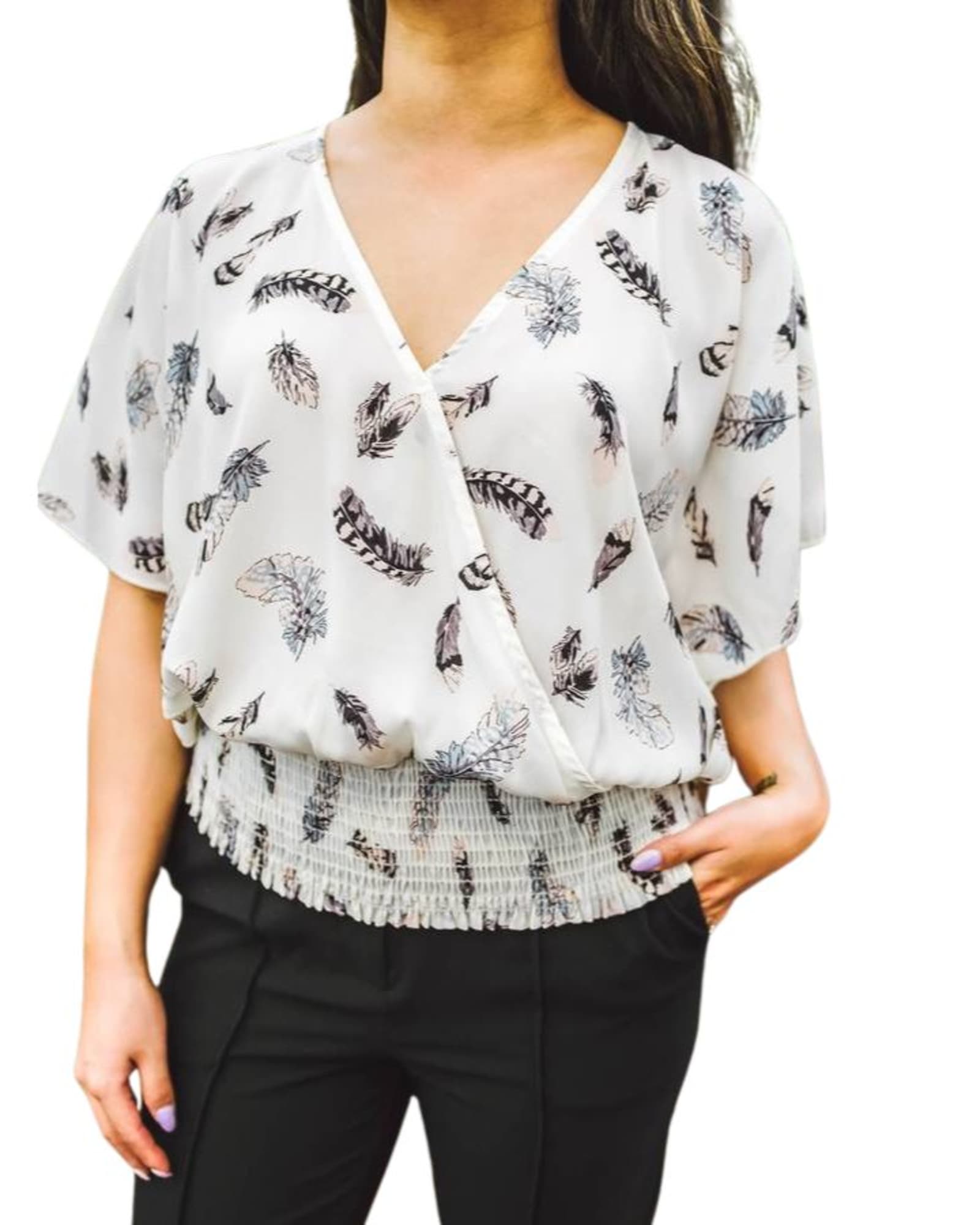 Kimora Flutter Sleeve Faux Wrap Blouse in Ivory Feather Print | Ivory Feather Print