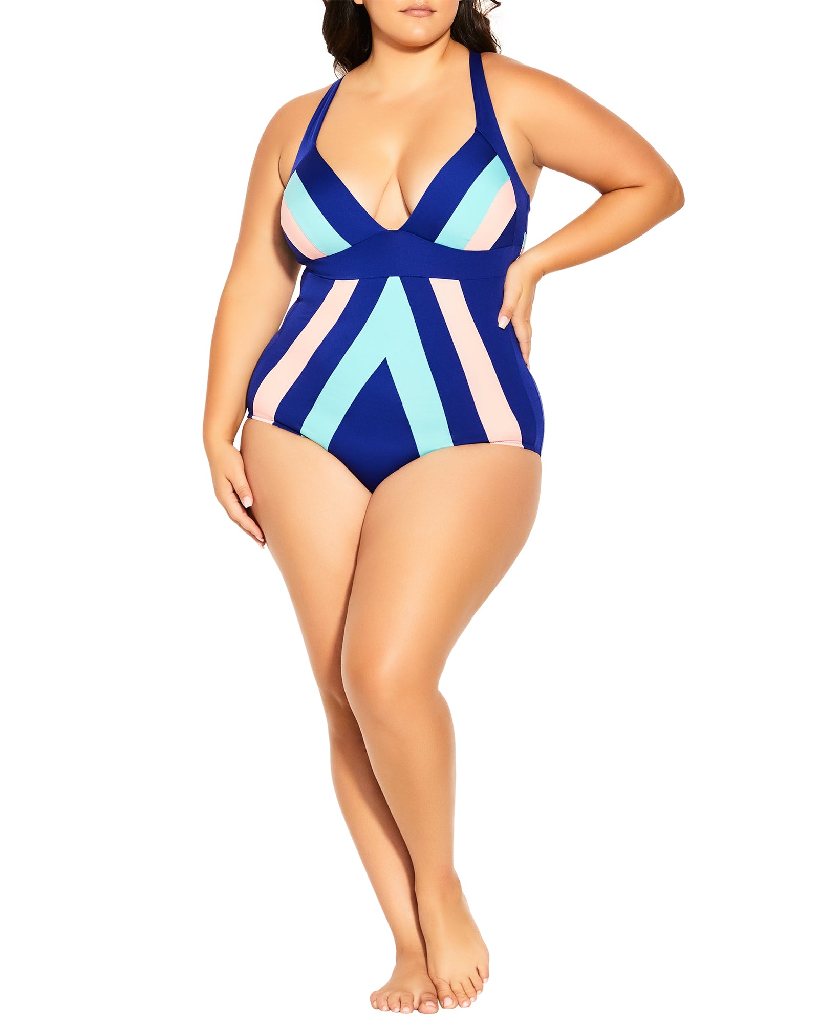 Plus Size Sharkbite Multi Feather Print Swim Dress