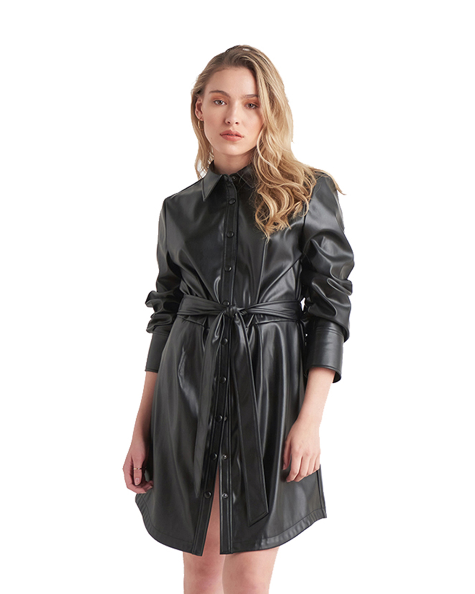 DRAPED FAUX LEATHER SHIRT DRESS - Black