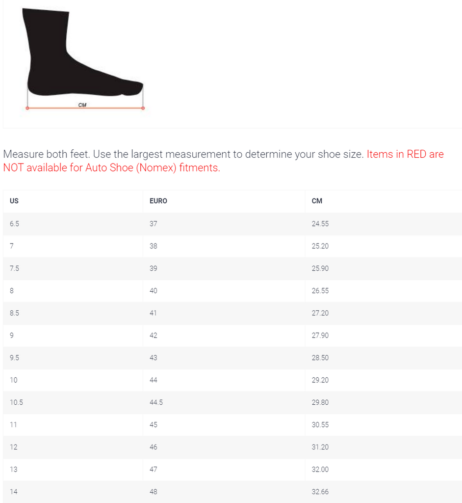 K1 Race Gear Shoe Size Chart