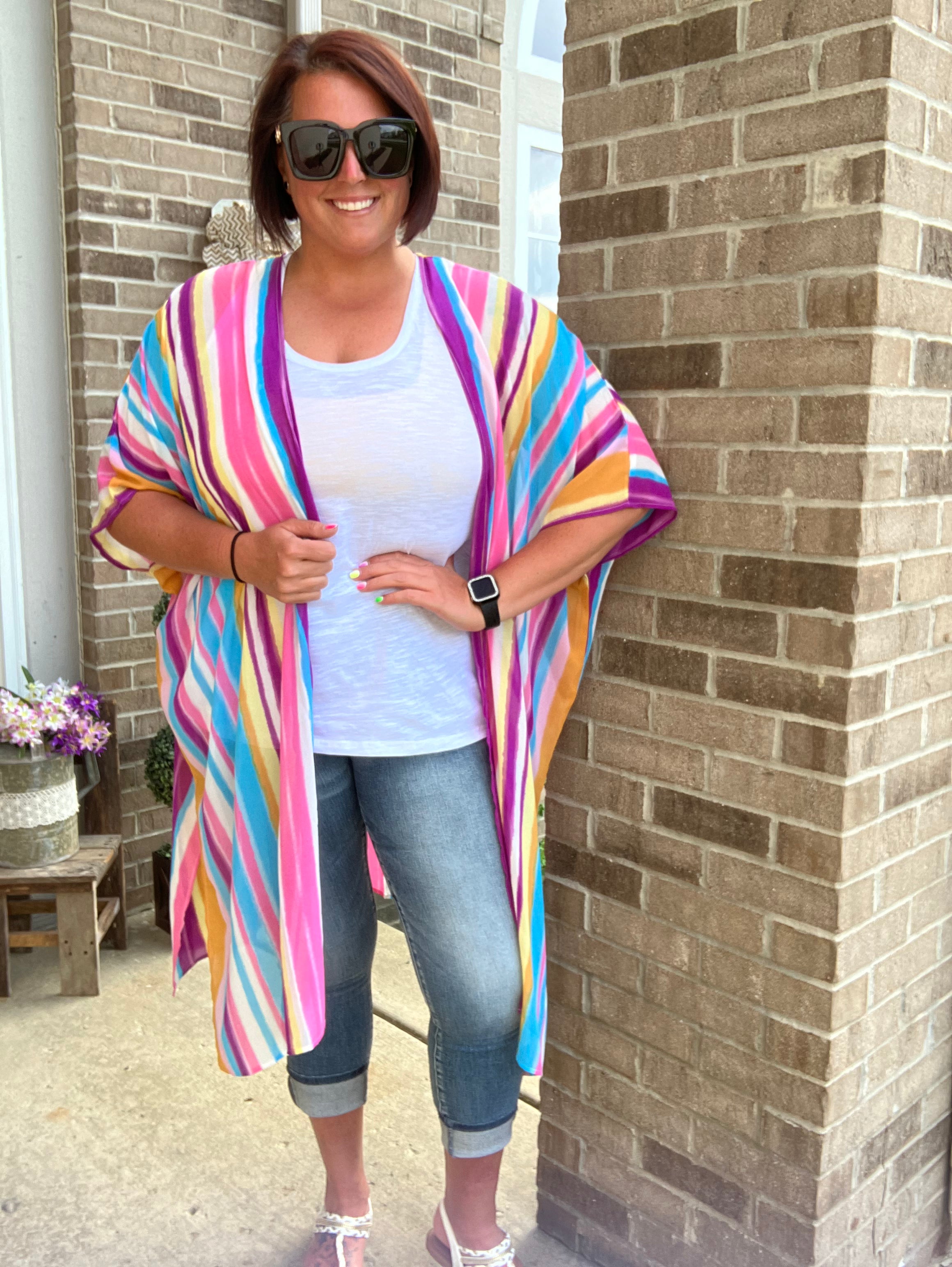 Striped Side Slit Open Front Cardigan