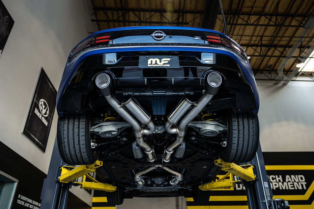 2023 Nissan Z on the lift for MagnaFlow xMOD Series Performance Exhaust