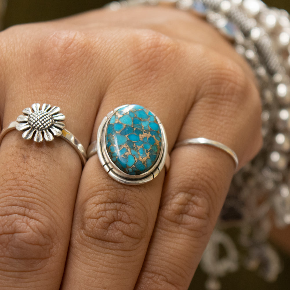 Large Oval Blue Turquoise Sterling Silver Ring With A Bobble And Rope Edge  Design