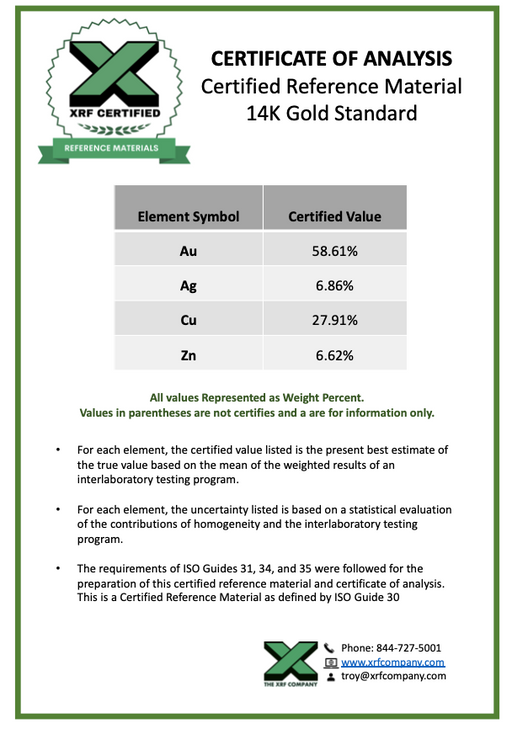 14K Gold CRM - Certified Reference Materials - Precious Metals - For XRF Analyzers
