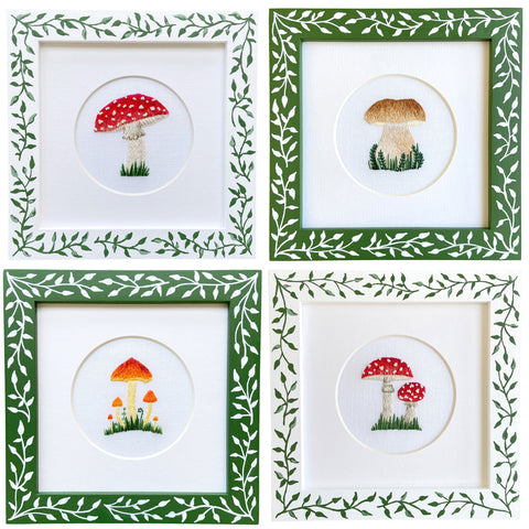 Hand embroidered mushrooms. Image and design copyright Happy Cactus Designs.