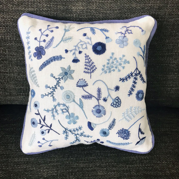 Hand Embroidered Blue Flowers Pillow - Happy Cactus Designs