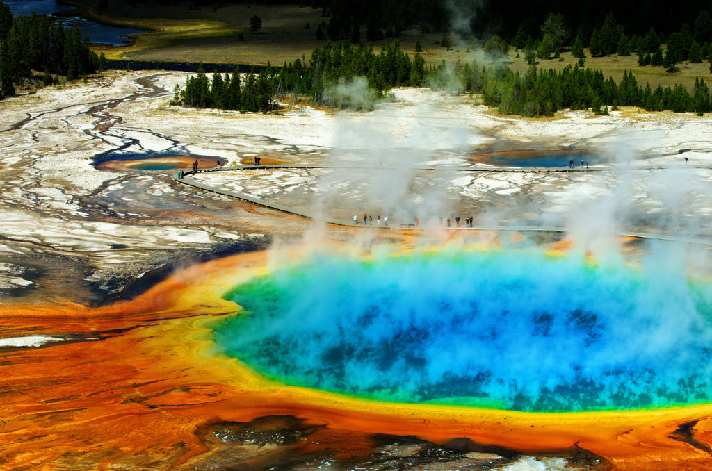 Aerial view of Grand Prismatic Spring in Yellowstone.