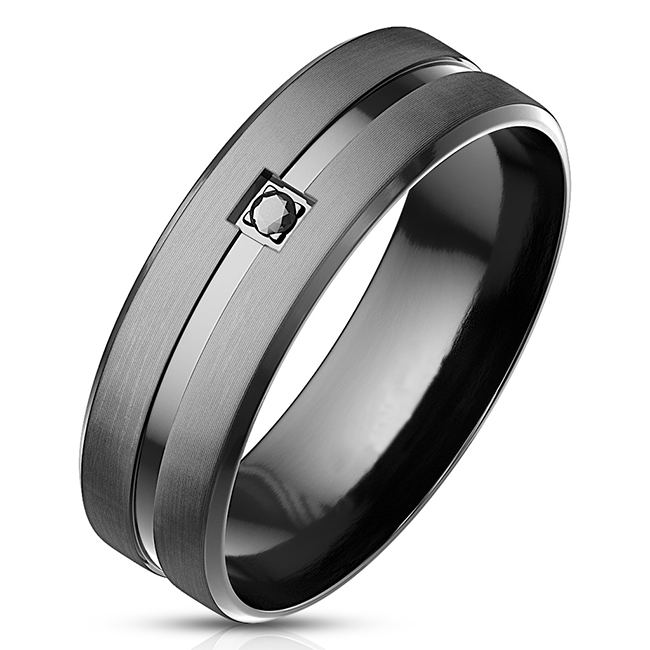 Shiny Groove Stainless Steel CZ Ring 