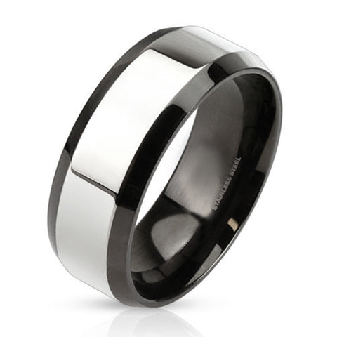 Upscale – Glossy two tone black IP and silver stainless steel beveled ...