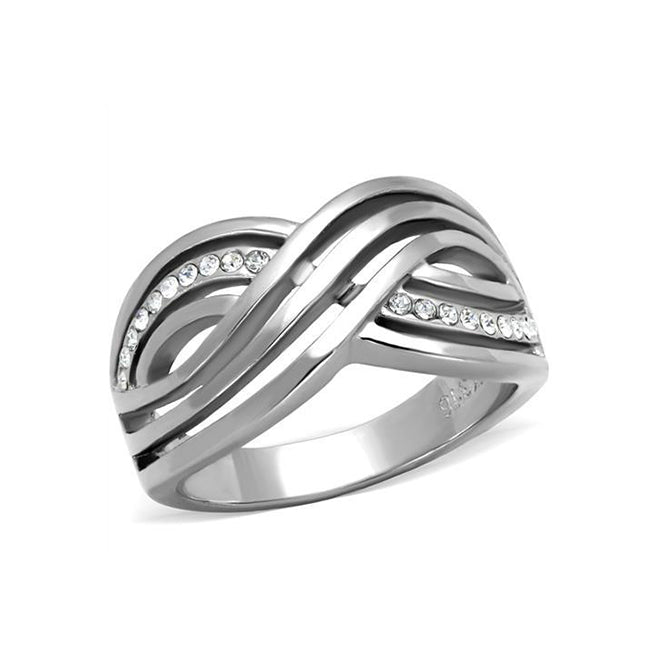 Waves of Love - Women's High Polished Stainless Steel CZ Ring