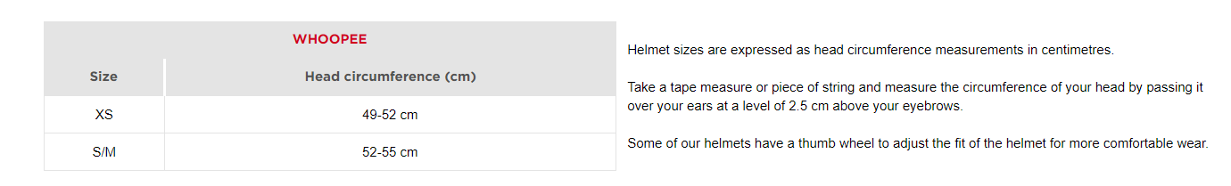 Size chart for Rossignol kids Whoopee Impacts snow helmets