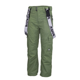 Moss khaki green boys ski and snowboard pants with Rehall branded suspender straps with cargo pants pockets