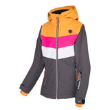 Girls snow jacket for kids and teens in graphite, fluoro pink and orange with orange sleeve cuffs, sealed zipped pockets and orange hood