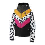 White leopard print with yellow and pink angular stripes girls snowboarding jacket with size zips and liftpass pocket on sleeve with hood
