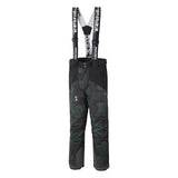 Camo Olive suspender snowboarding pants for boys age 8 to 16years old with branded logo straps