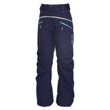 Dark navy blue teen girls ski pants with aqua zips and while detail on front