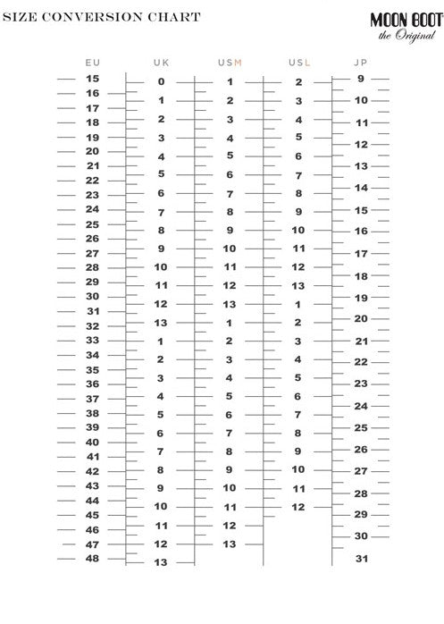 Moon Boot Size Chart For Babies, Kids and Teens