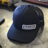 Rock & Road Hat - Small Rectangle Patch on Black 5-Panel Retro Trucker
