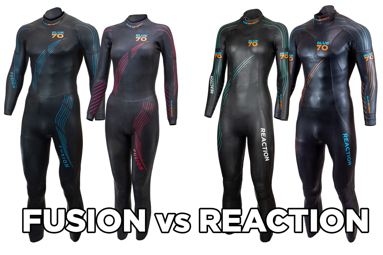 all mens and womens product images for the Fusion and Reaction wetsuits