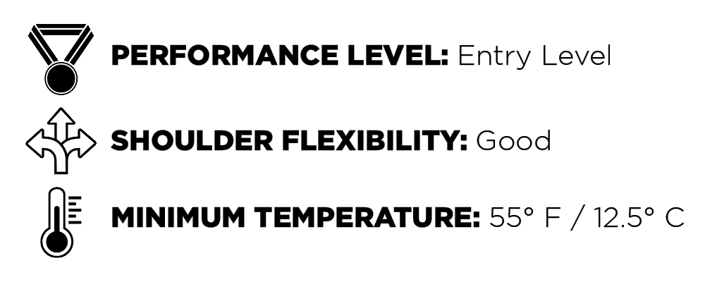 Entry level performance, good shoulder flexibility, recommended minimum temperature 55?