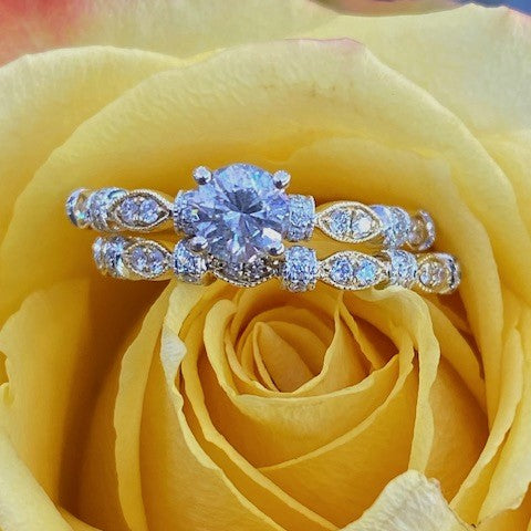 5/8ct Round Diamond Vintage Engagement Wedding Ring Set 14K White Gold