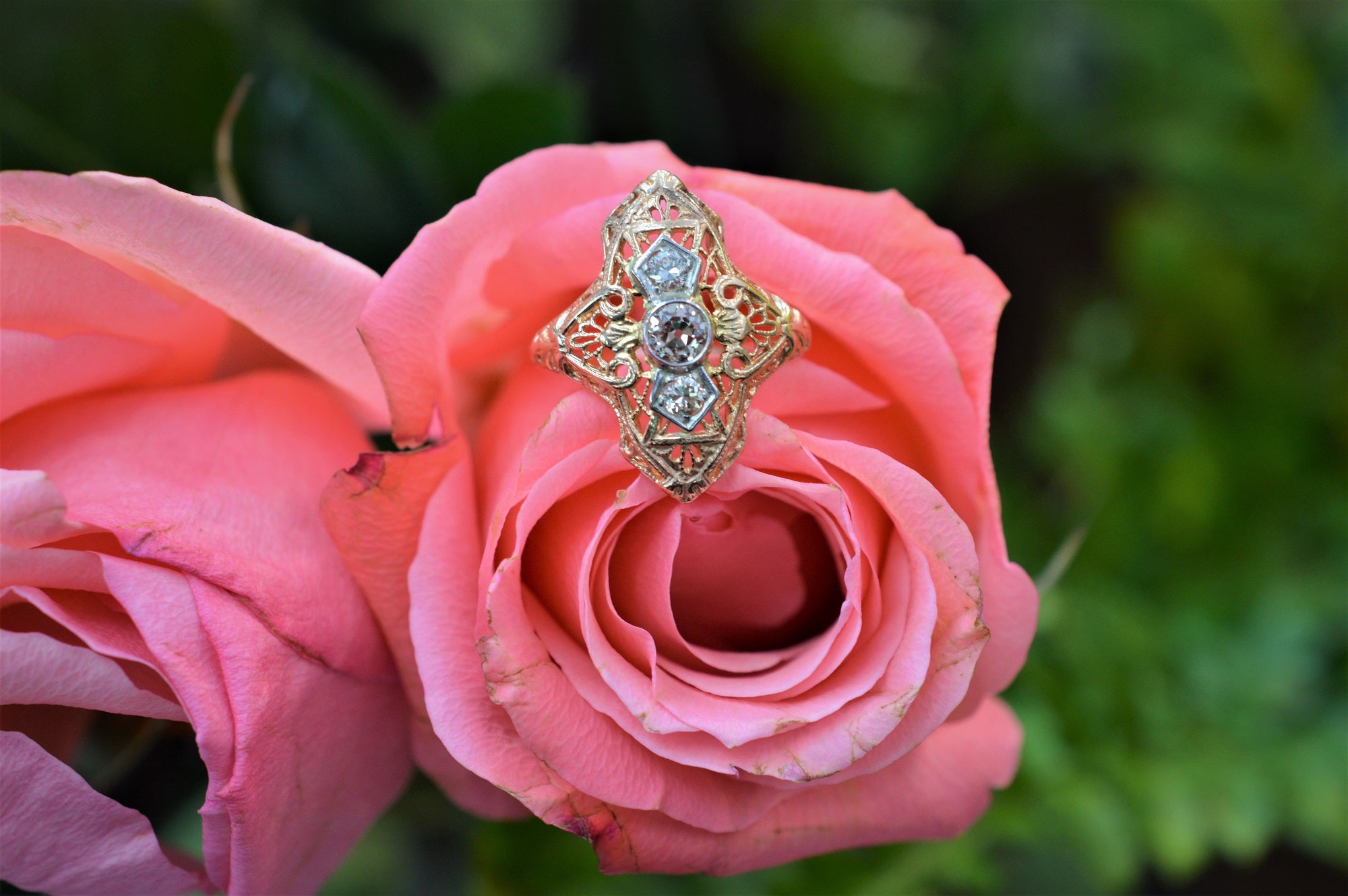 18K White and Rose Gold Natural Pink and White Diamond Ring