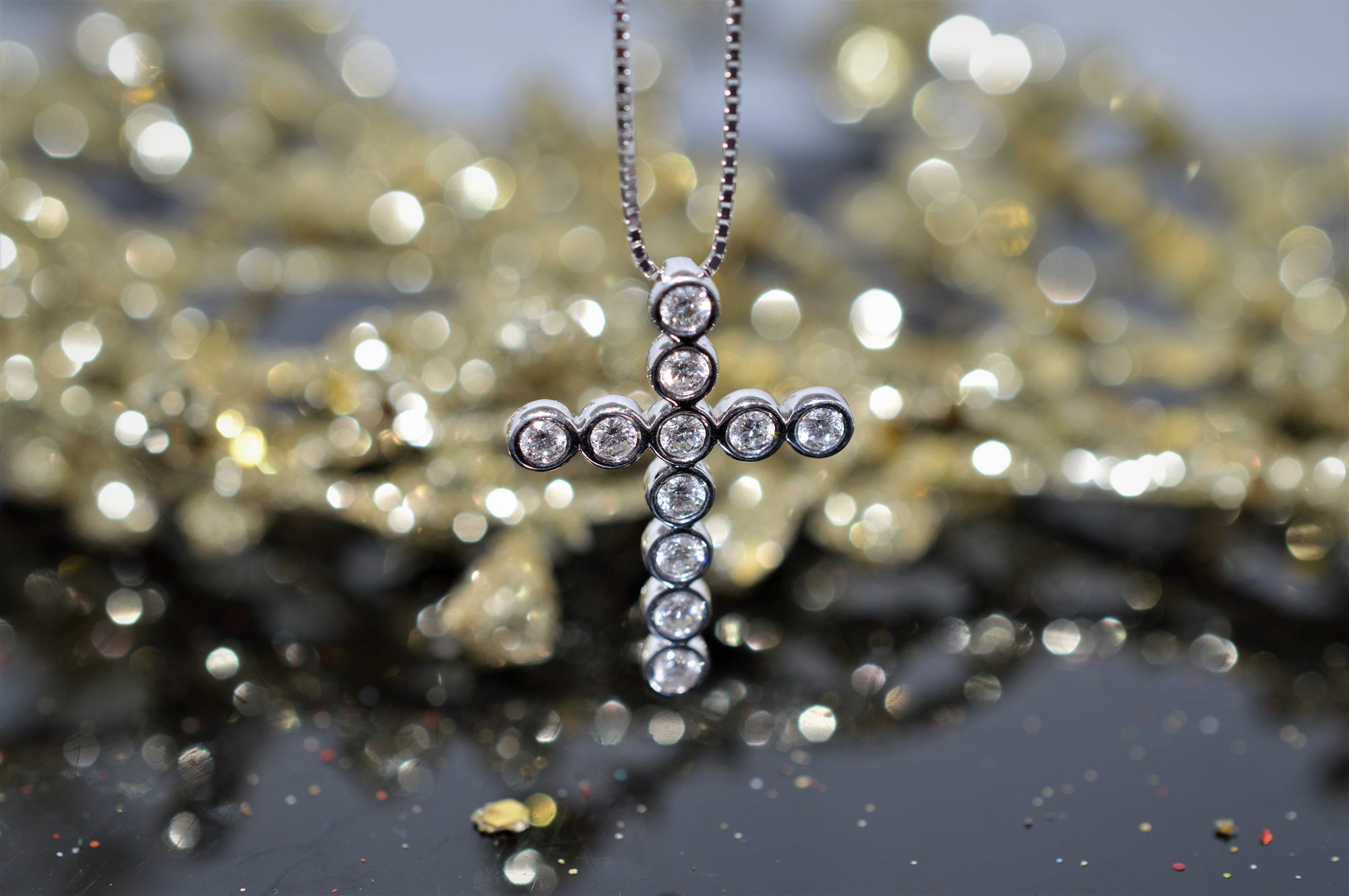 14K White Gold Adjustable Diamond Cross and Charm Necklace