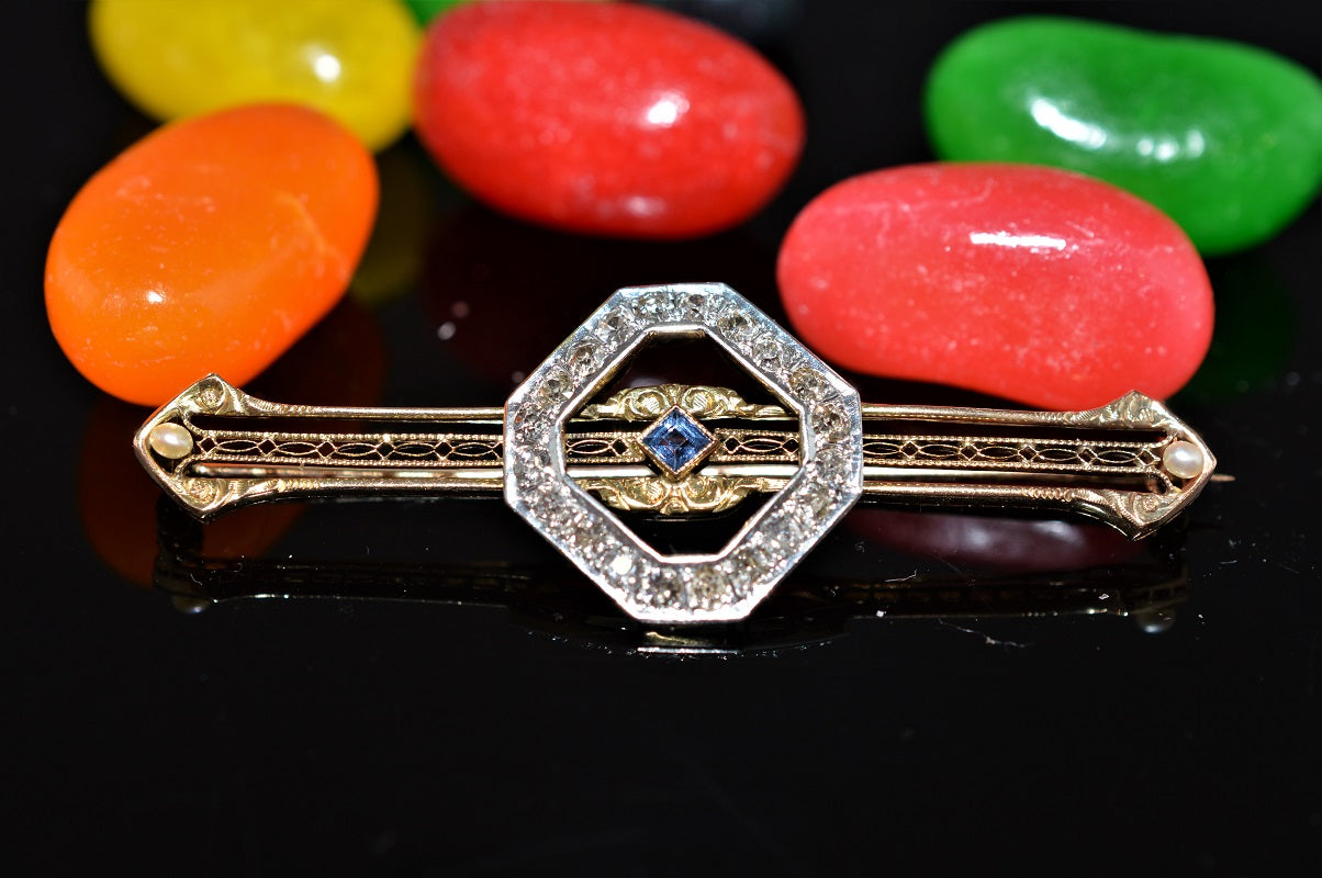 Edwardian 14K Gold Platinum Topped OMC Diamond Pin | Kirsten's Corner