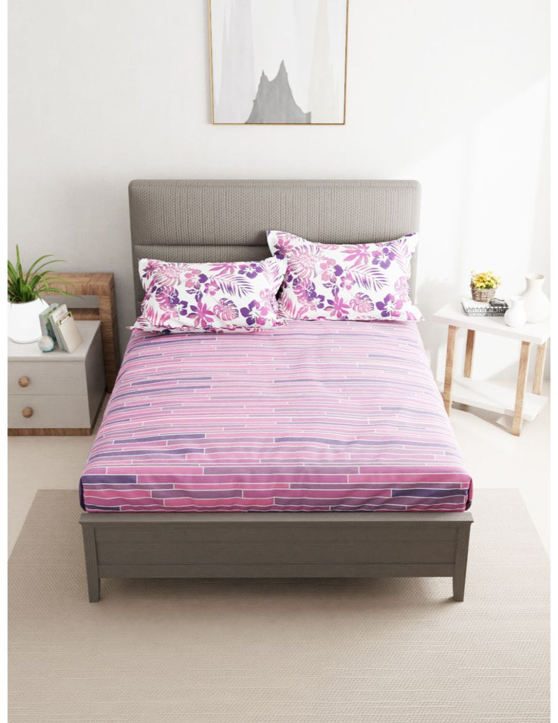 Soft 100% Natural Cotton Double Bedsheet With 2 Pillow Covers <small> (stripe-mauve)</small>
