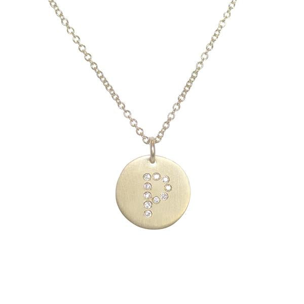 Diamond Letter  P  14k Yellow Gold Plated Disc Necklace