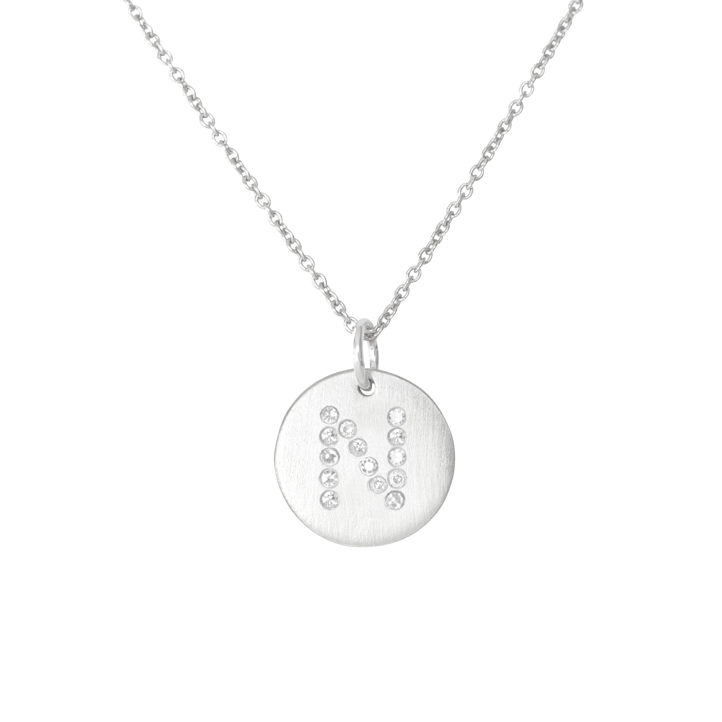 Diamond Letter  N  Sterling Silver Disc Necklace