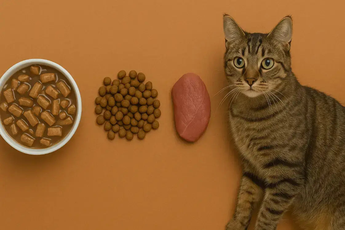 Cat with wet, dry and raw food next to it.
