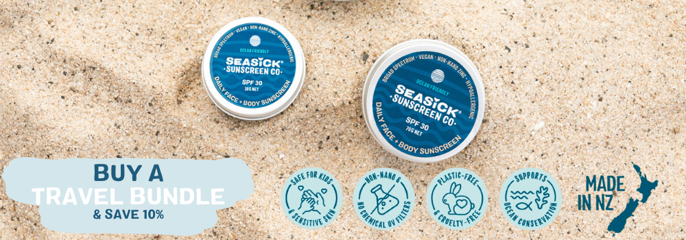 two tins of sunscreen on the sand with infographics and travel bundle discount offer