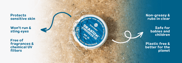 tin of sunscreen on the sand with white and blue text either side