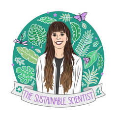 Cartoon sketch of female scientist wearing a lab coat with natural green background and banner reading the sustainable scientist