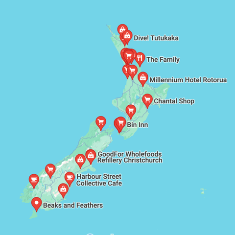 map of new zealand with location of shops marked with red pin points