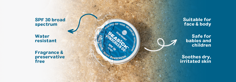 tin of sunscreen with blue label sitting on the sand with white and blue faded background either side and text describing unique value proposition of Seasick Sunscreen