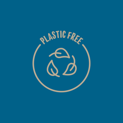 plastic free brown logo on dark blue background with leaves inside circle in recycling symbol shape