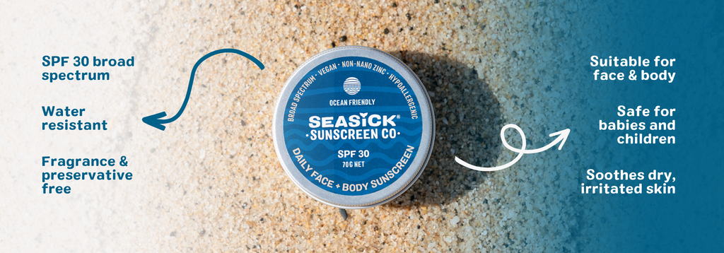 tin of sunscreen on sand with white and blue text overlay either side