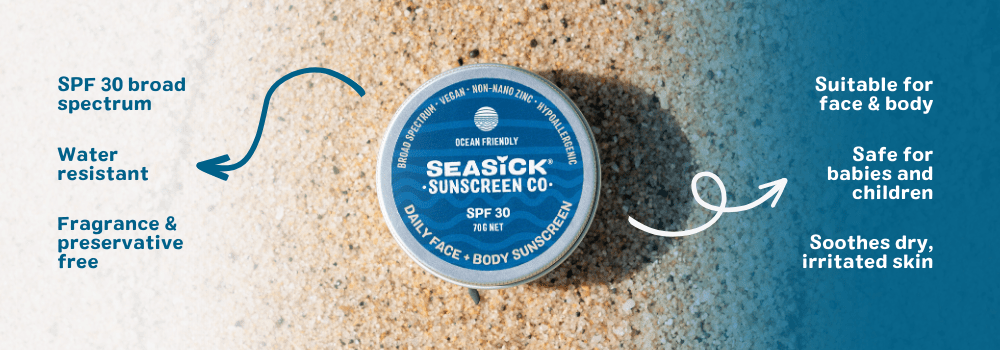 tin of sunscreen with blue label sitting on the sand with arrows pointing to white and blue text describing product values
