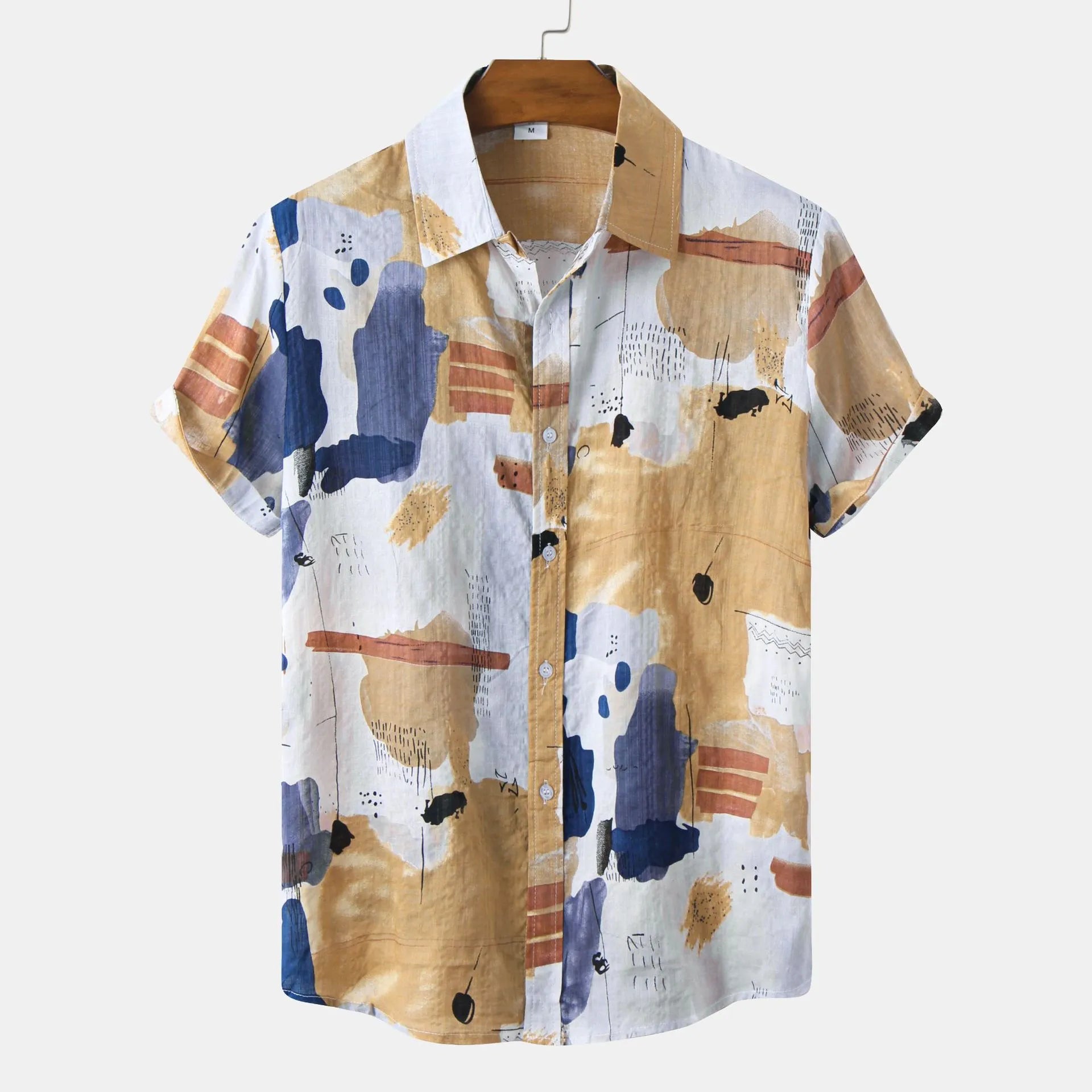 Castlebeard Men's Plus Size Abstract Print Short Sleeve Button-Up Shirt